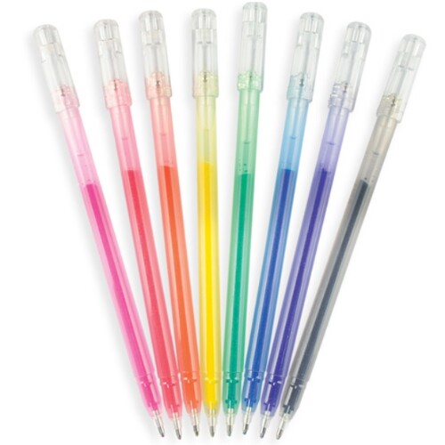 Acht ooly glitter gelpennen in regenboogkleuren, waaiervormig gerangschikt.