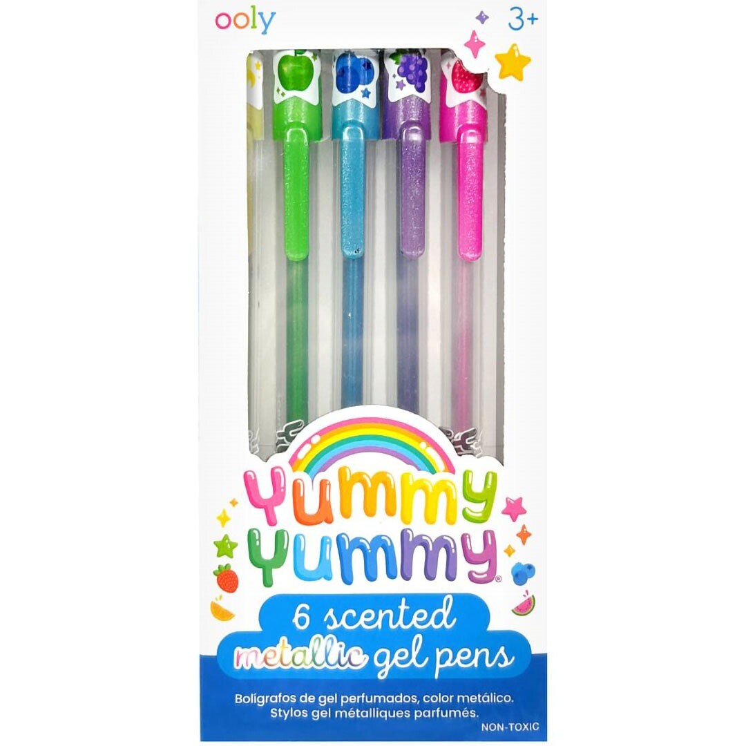 ooly Yummy Yummy verpakking met zes geurende metallic gelpennen met fruitdopjes.