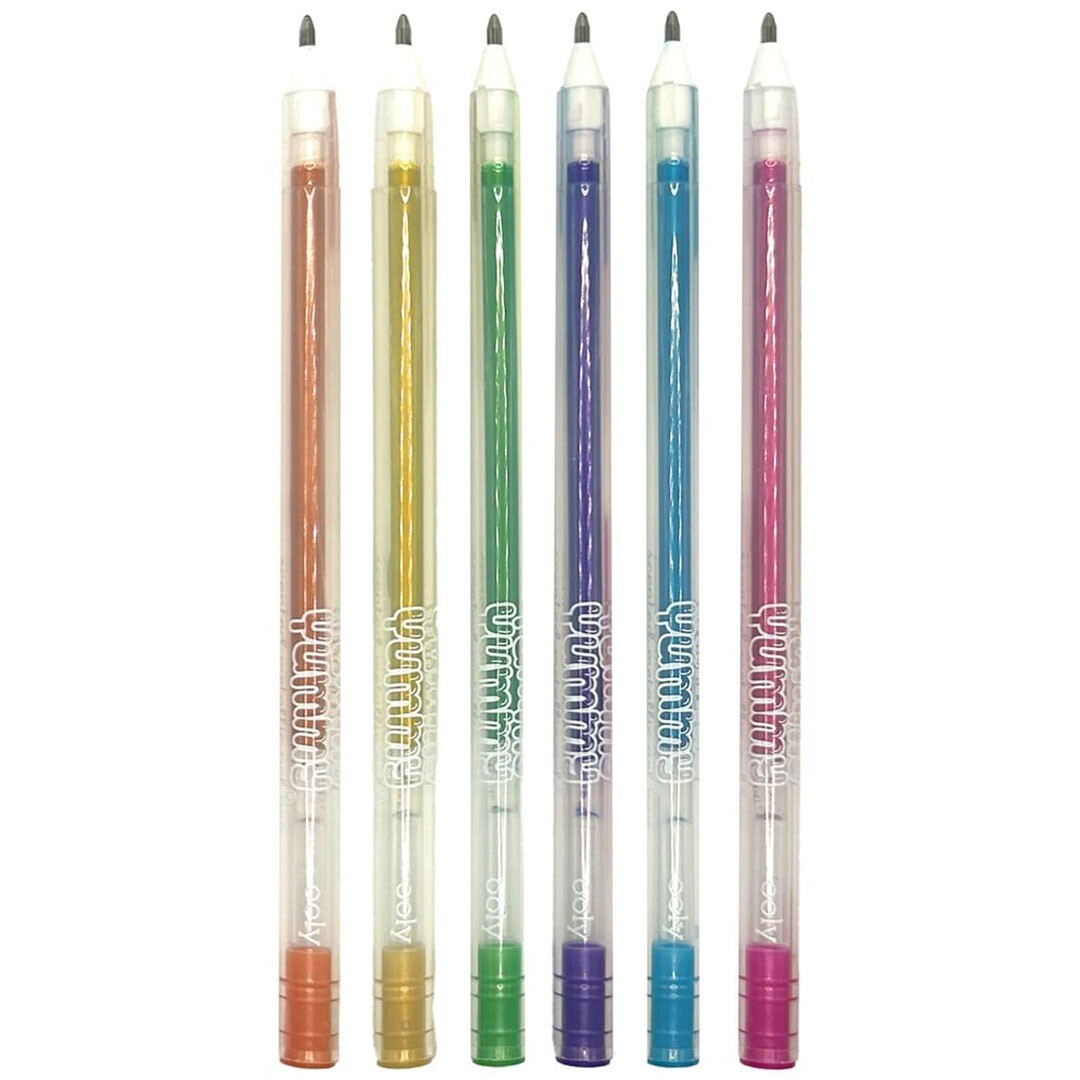 Zes ooly Yummy Yummy metallic gelpennen zonder dopjes, staand op een rij.