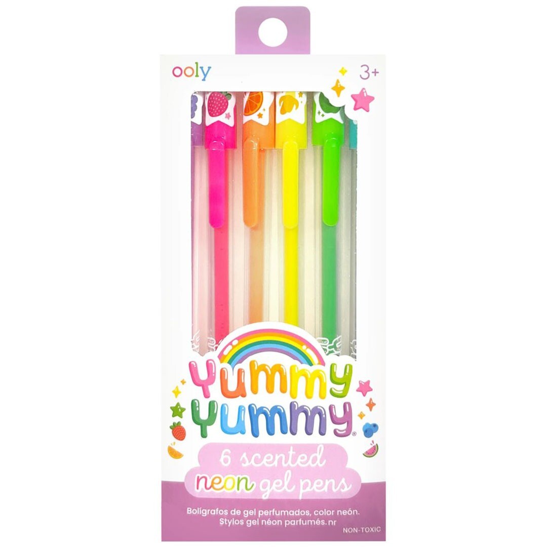 De voorkant van de verpakking van de ooly Yummy Yummy set met 6 geurende neon gelpennen met fruitmotieven.