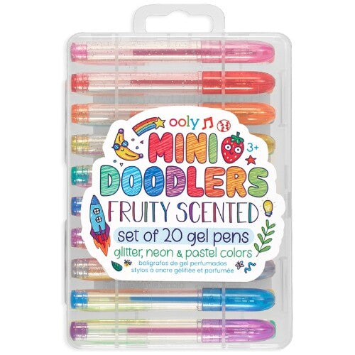 De voorkant van de verpakking van ooly geurende mini gelpennen, met productinformatie en kleurrijke illustraties.