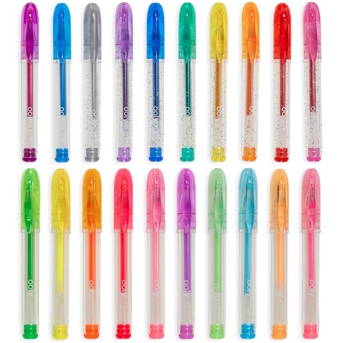 Twintig ooly geurende mini gelpennen in verschillende glitter-, neon- en pastelkleuren, naast elkaar liggend.