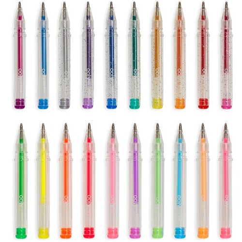 Een bovenaanzicht van twintig ooly geurende mini gelpennen in diverse glitter-, neon- en pastelkleuren.