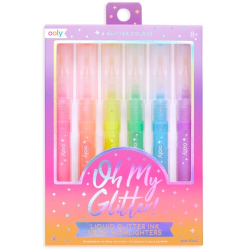 De verpakking van de ooly glitter markeerstiften met zes pennen in verschillende kleuren.