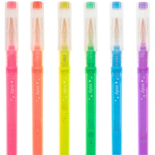 Zes ooly glitter markeerstiften in de kleuren roze, oranje, geel, groen, blauw en paars.