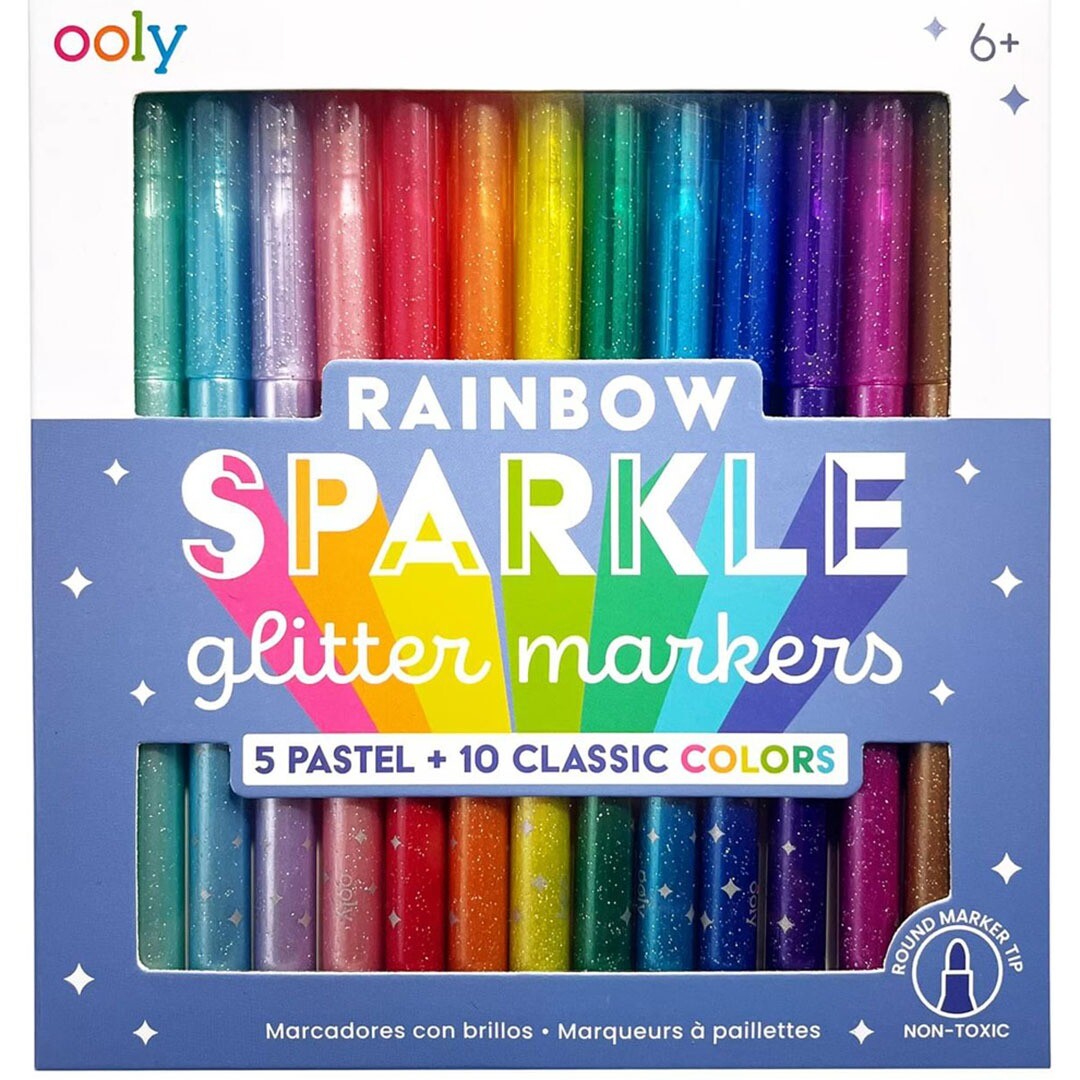 Ooly Rainbow Sparkle glitter markers verpakking met 15 stiften in diverse kleuren.