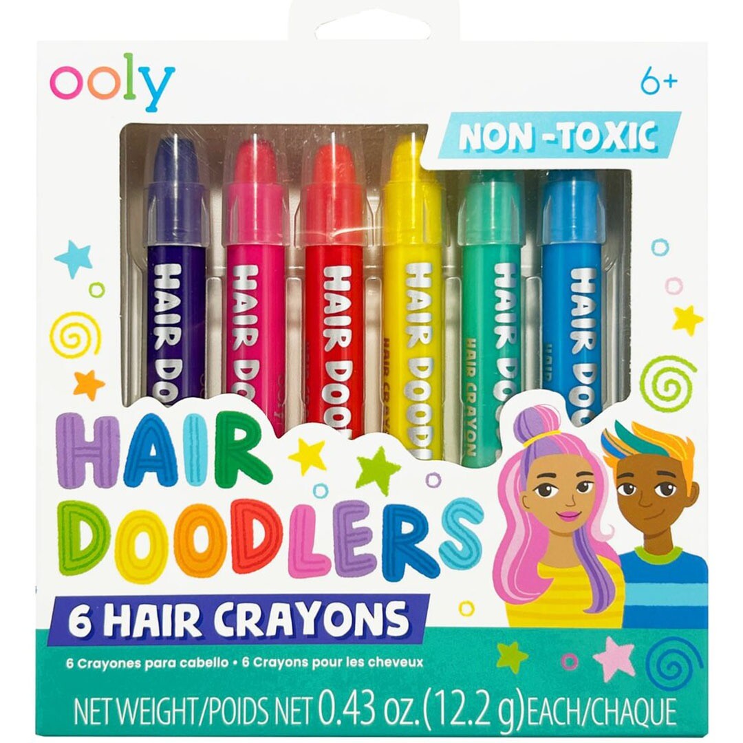Ooly Hair Doodlers verpakking met 6 niet-giftige haarkrijtjes in diverse kleuren en illustraties van kinderen met gekleurd haar.