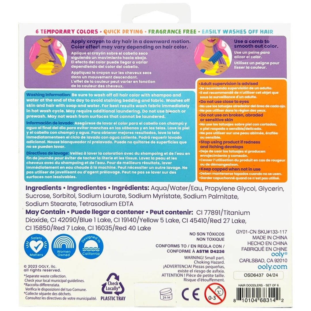 Achterkant van de Ooly Hair Doodlers verpakking met productinformatie, instructies en ingrediënten in meerdere talen.