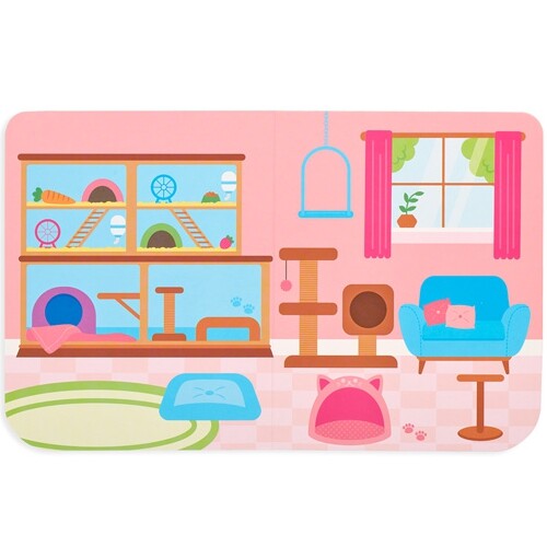 Een speelscène met een huisdierenkamer, inclusief een kattenkrabpaal en een vogelkooi.