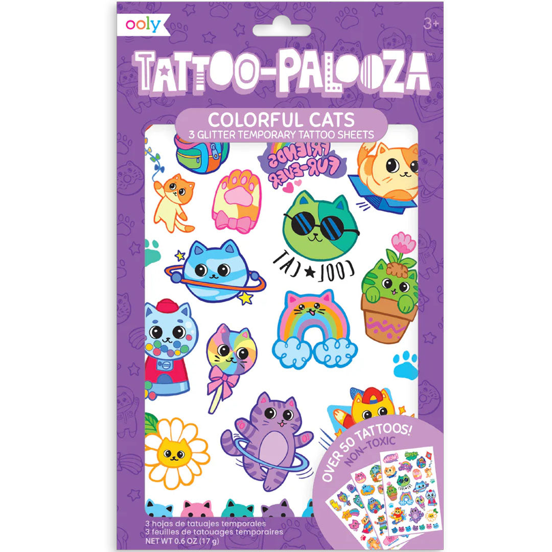 Ooly kindertattoos Colorful Cats verpakking met diverse kattenafbeeldingen.
