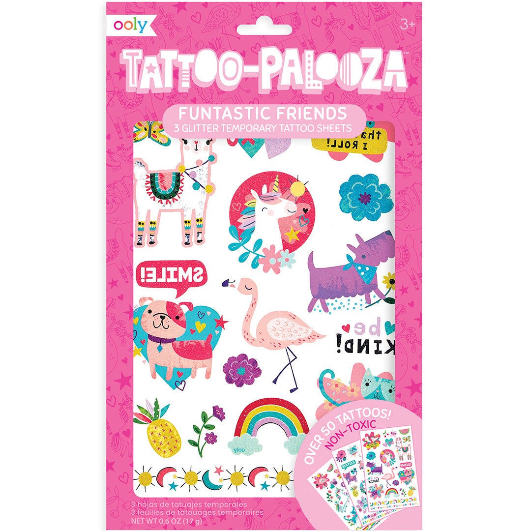 Ooly Tattoo-Palooza verpakking met kindertattoos van dierenvriendjes en vrolijke figuren.