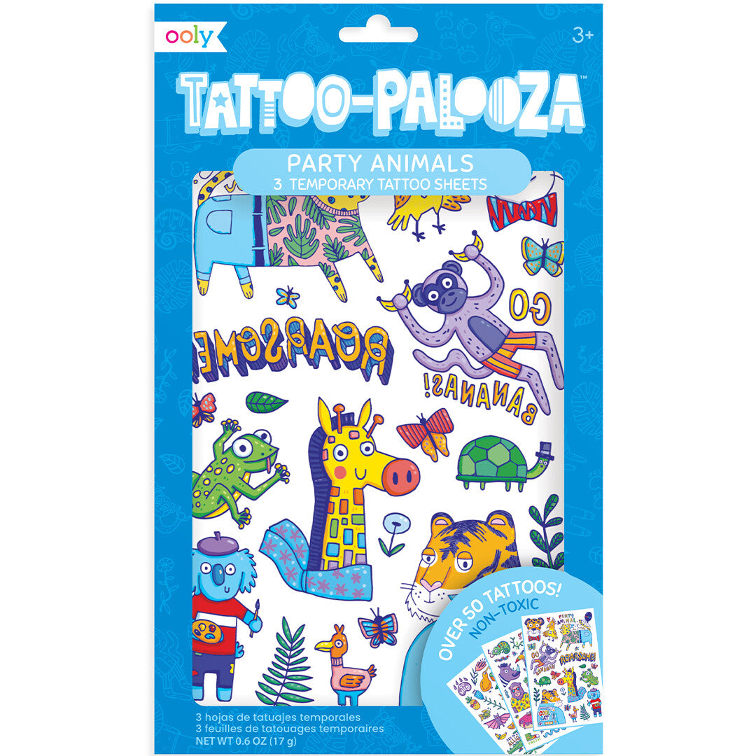 Ooly kindertattoos 'Tattoo-Palooza Party Animals' verpakking met kleurrijke dieren en teksten.