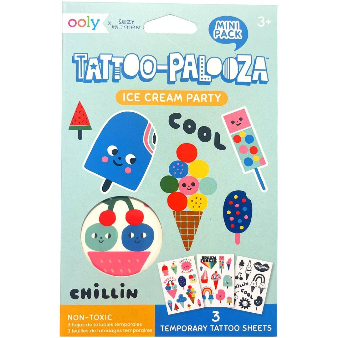 Verpakking van de ooly kindertattoos met ijsthema.