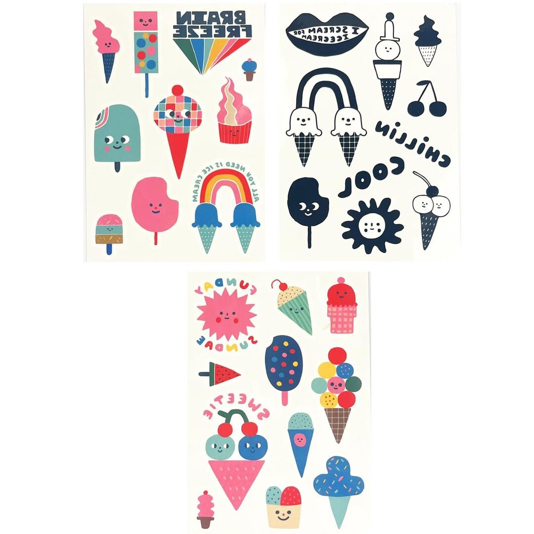 Drie vellen met diverse ooly kindertattoos met ijsthema.