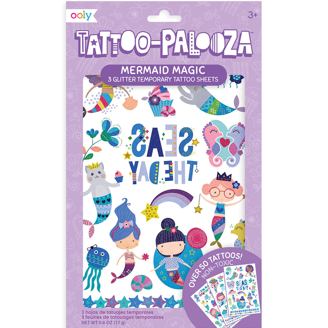 Verpakking van ooly kindertattoos met zeemeerminnen en zeedieren.