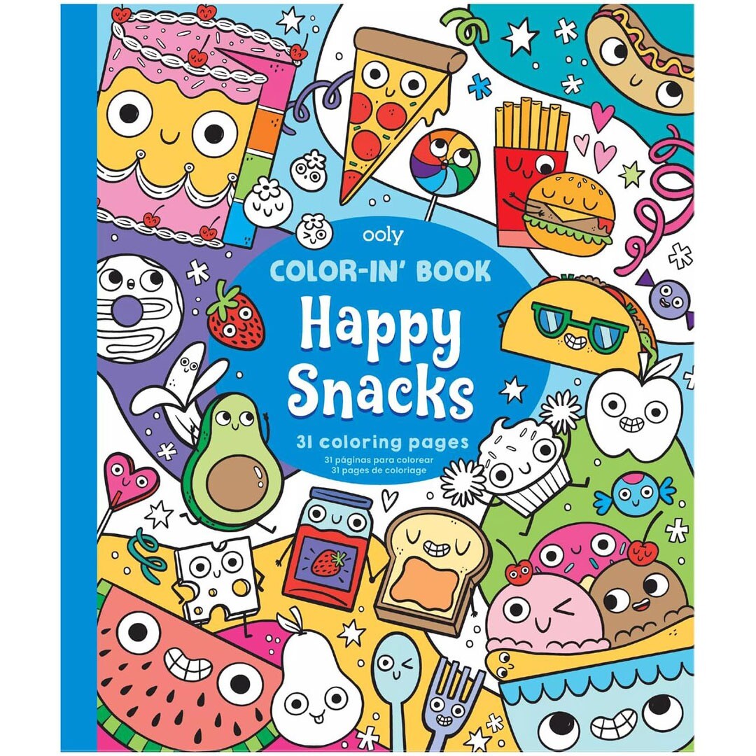 De voorkant van het ooly kleurboek 'Happy Snacks' met vrolijke tekeningen van diverse etenswaren.
