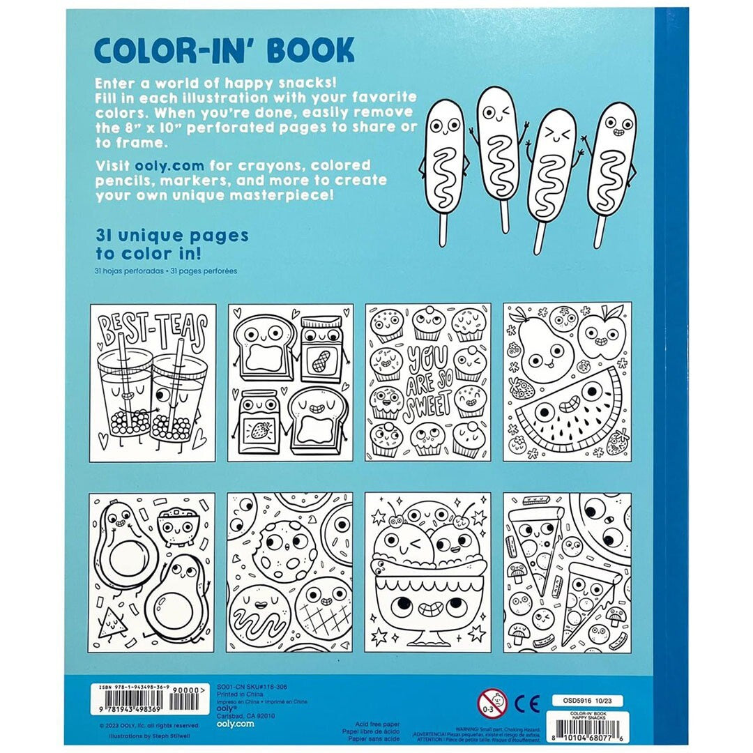 De achterkant van het ooly kleurboek 'Happy Snacks' met kleine zwart-wit tekeningen van diverse etenswaren en productinformatie.