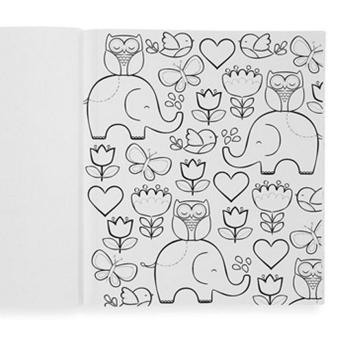 Detail van een pagina uit het ooly kleurboek met olifanten, uilen, vlinders en bloemen om in te kleuren.