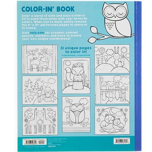 Achterkant van het ooly kleurboek met productinformatie en voorbeelden van dieren kleurplaten.