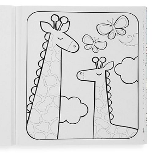 Detail van een pagina uit het ooly kleurboek met twee giraffen en vlinders om in te kleuren.