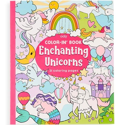 De voorkant van het ooly kleurboek 'Enchanting Unicorns' met kleurrijke illustraties van eenhoorns, regenbogen en fantasiefiguren.