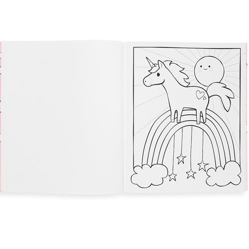Een open kleurboek met een blanco linkerpagina en een rechterpagina met een zwart-wit illustratie van een eenhoorn op een regenboog met een zon en wolken.