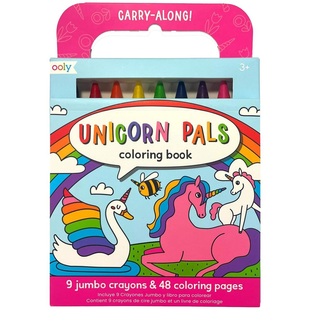 De verpakking van het Ooly Unicorn Pals kleurboek met 9 jumbo waskrijtjes, met een illustratie van eenhoorns en een regenboog.
