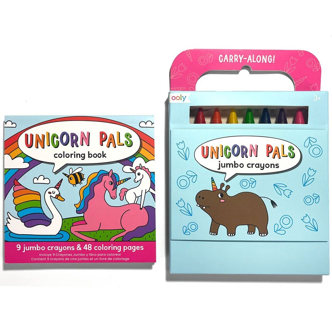Het Ooly Unicorn Pals kleurboek en een aparte lichtblauwe doos met Ooly jumbo waskrijtjes met een nijlpaard-illustratie.