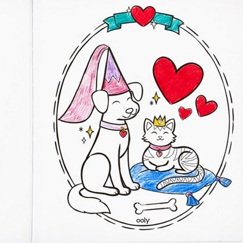Gedeeltelijk ingekleurde ooly kleurplaat met een hond met feesthoed en een kat met kroon, omringd door harten.
