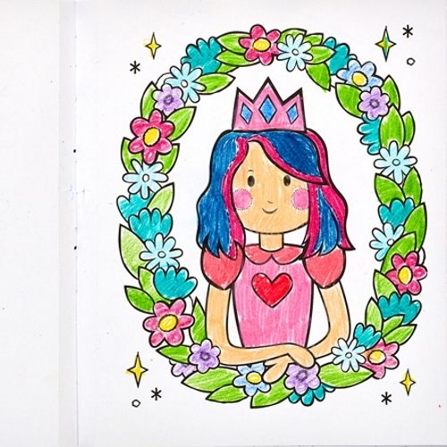 Gedeeltelijk ingekleurde kleurplaat van een prinses met kroon en bloemenkrans.