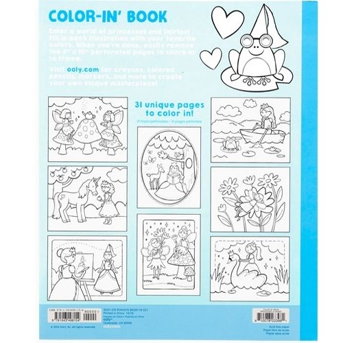 De achterkant van het ooly kleurboek 'Princesses & Fairies' met kleine zwart-wit voorbeelden van kleurplaten.