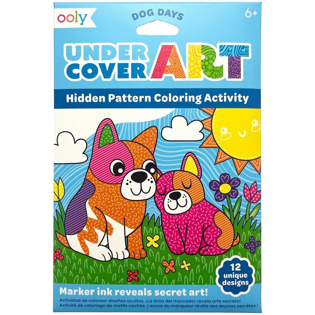 De voorkant van de ooly Undercover Art Dog Days kleurplaten verpakking met twee vrolijke cartoonhonden.