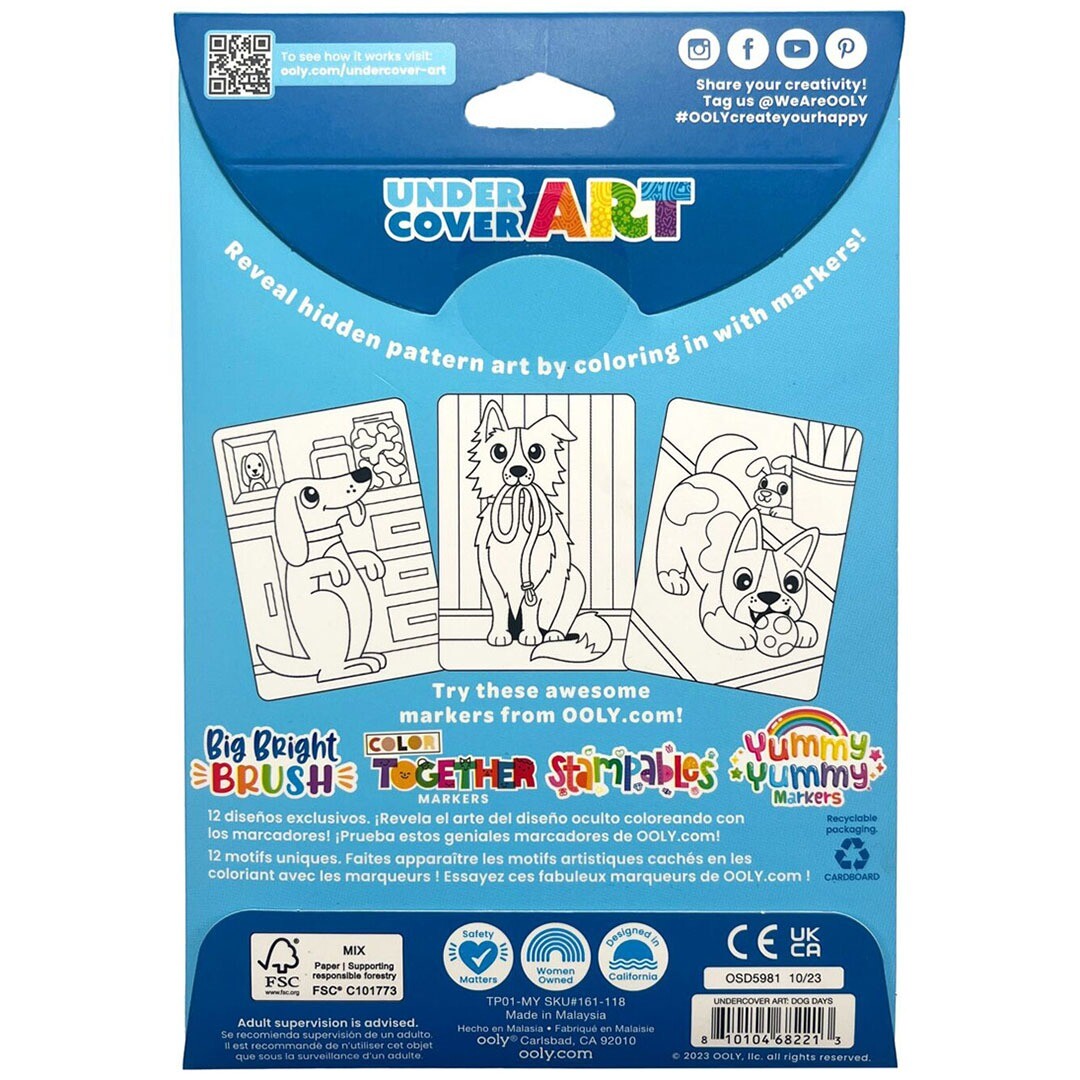 De achterkant van de ooly Undercover Art Dog Days kleurplaten verpakking met voorbeelden van de verborgen patronen.
