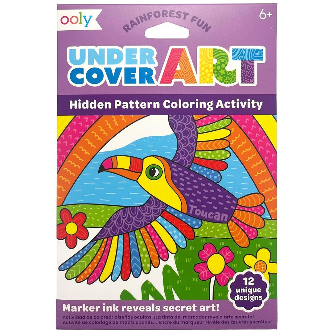 De voorkant van de ooly Under Cover Art Rainforest Fun kleurplaten verpakking met een kleurrijke toekan.
