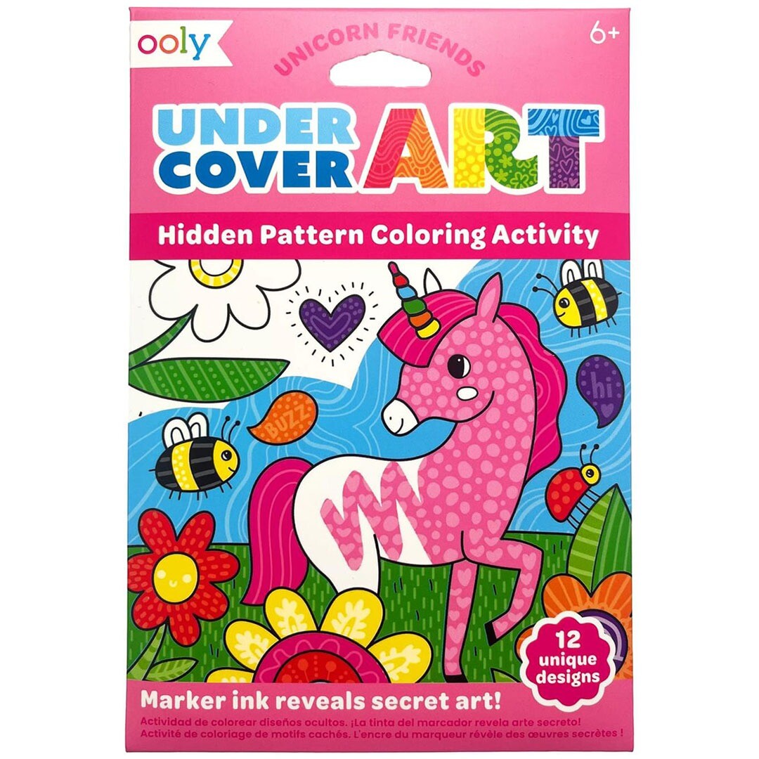 De voorkant van de Ooly Undercover Art Unicorn Friends kleurplaten verpakking met een roze eenhoorn en bloemen.