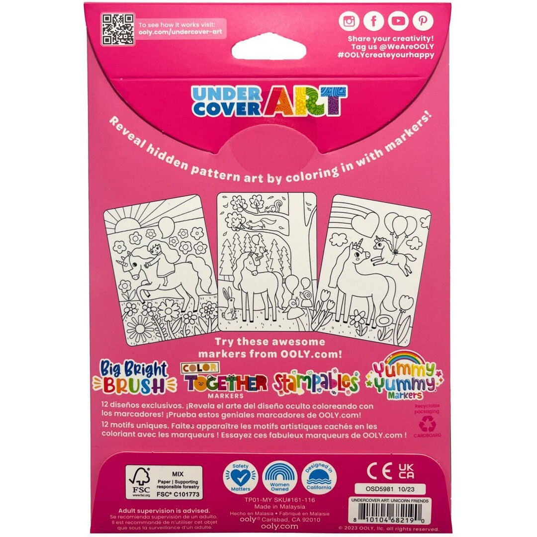 De achterkant van de Ooly Undercover Art Unicorn Friends kleurplaten verpakking met voorbeelden van ingekleurde eenhoornplaten.