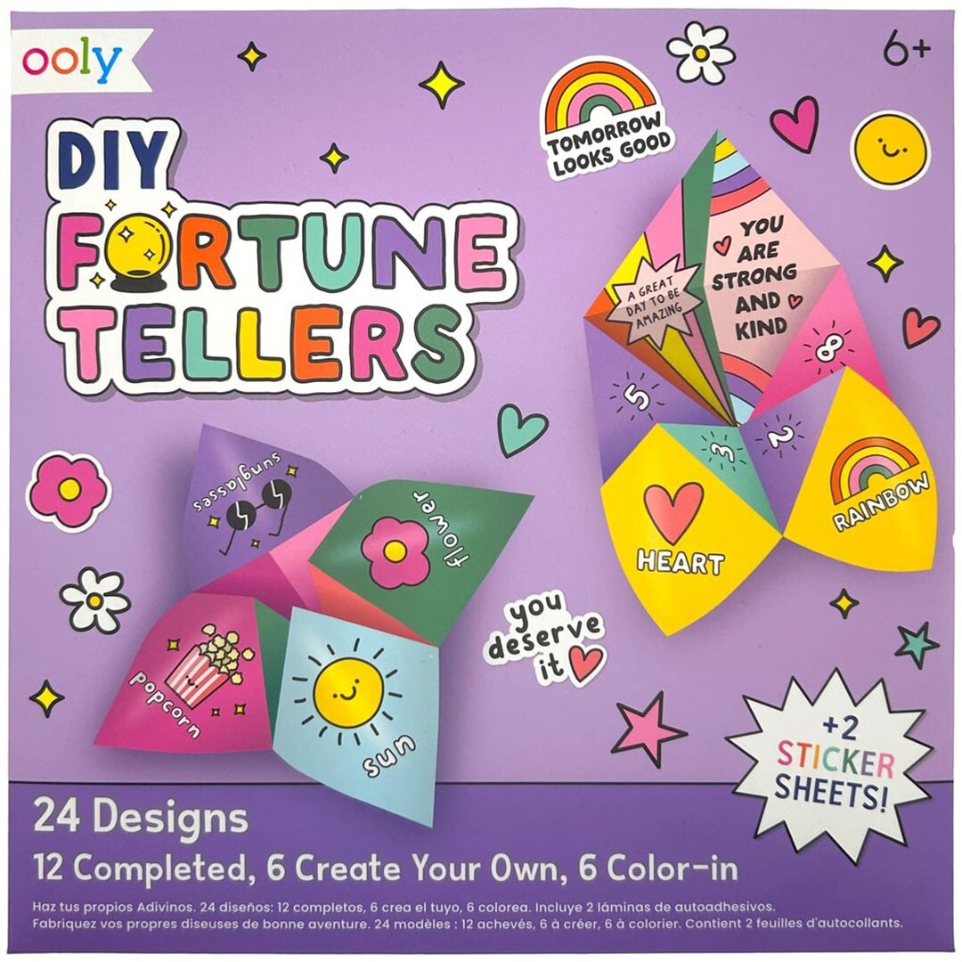 Ooly knutselset DIY Fortune Tellers verpakking met voorbeelden van gevouwen waarzeggers en stickers.