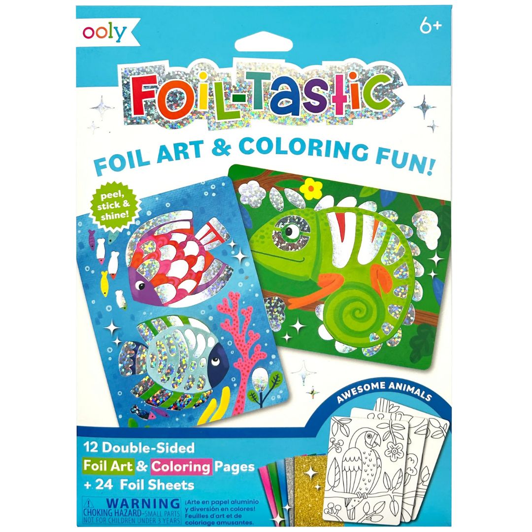 De ooly Foil-Tastic knutselset Awesome Animals verpakking met een vis en kameleon.