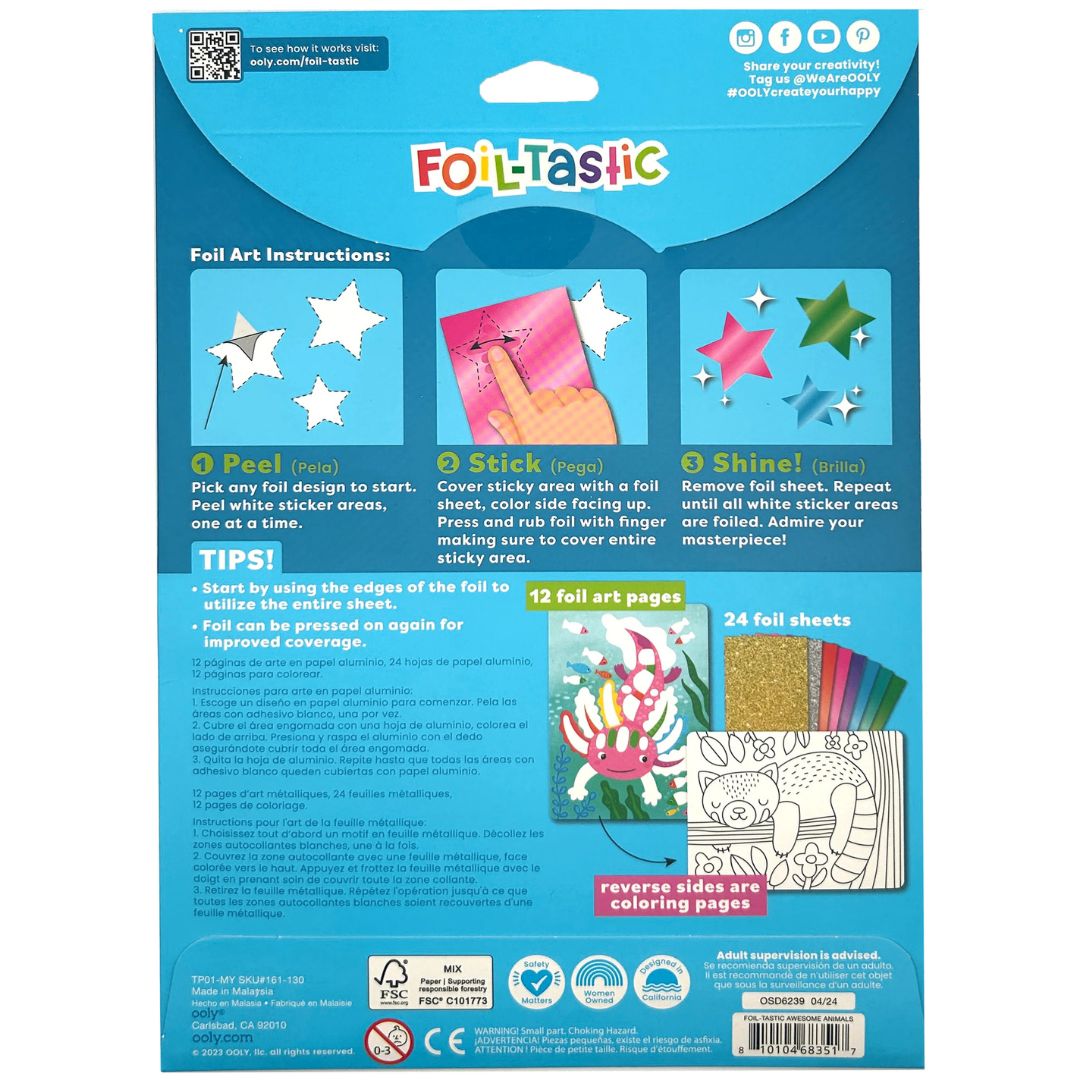 De achterkant van de ooly Foil-Tastic knutselset verpakking met instructies en voorbeelden.