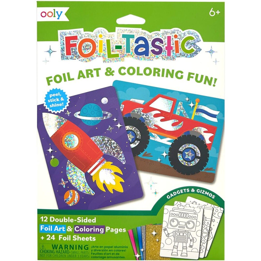 Ooly Foil-Tastic knutselset verpakking met voorbeelden van een raket en monstertruck.