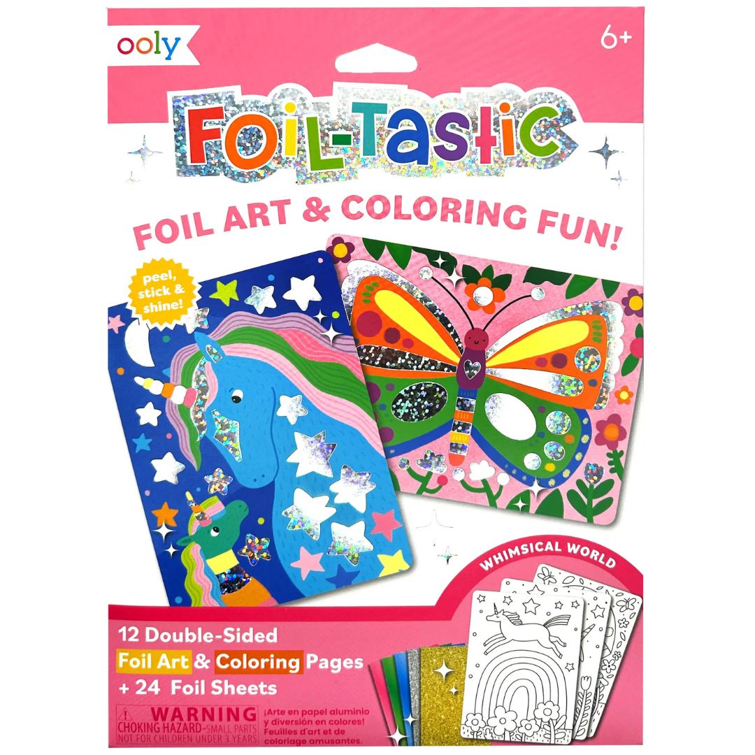 ooly Foil-Tastic knutselset verpakking met voorbeelden van een eenhoorn en vlinder folie kunst.