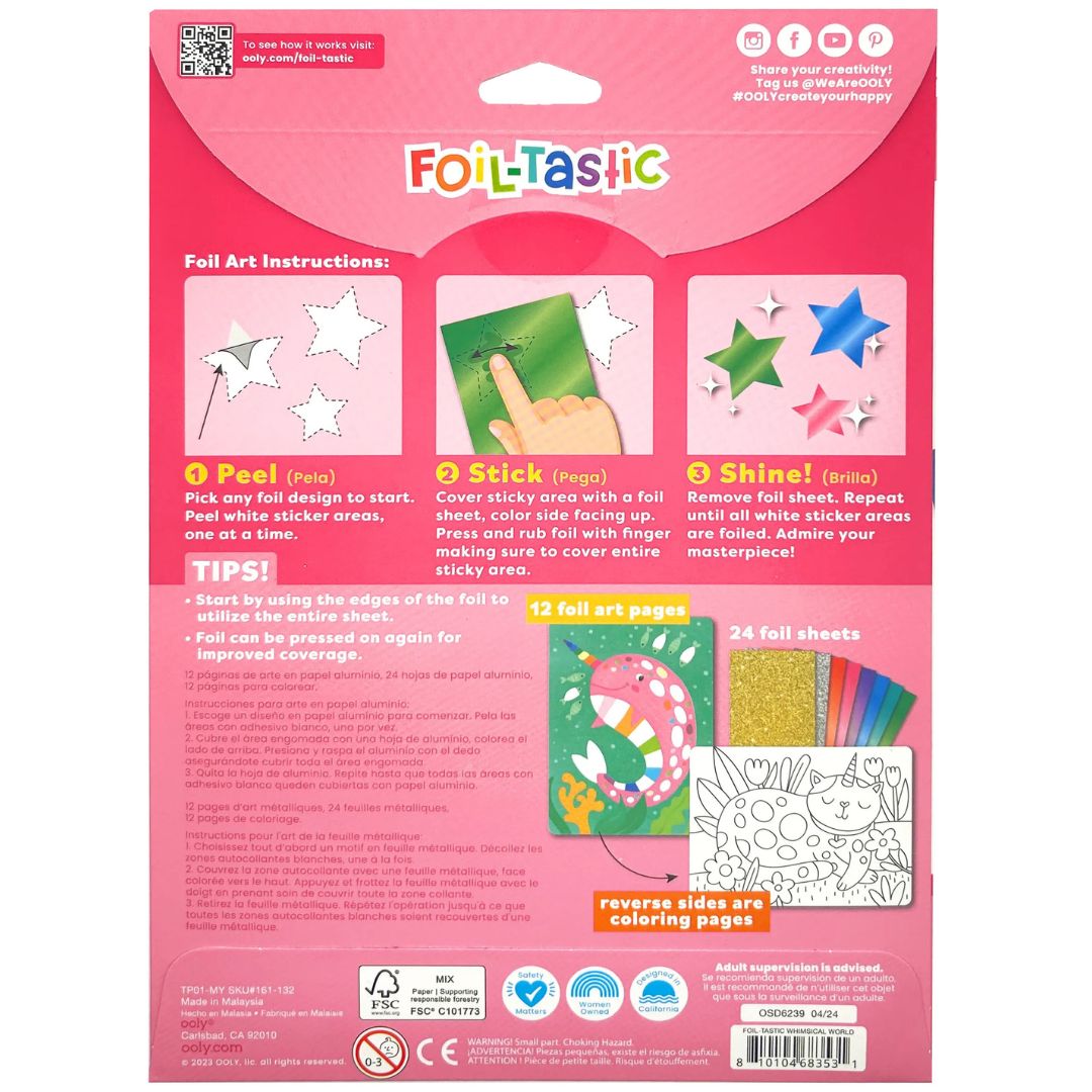 Achterkant van de ooly Foil-Tastic knutselset verpakking met instructies en productinformatie.