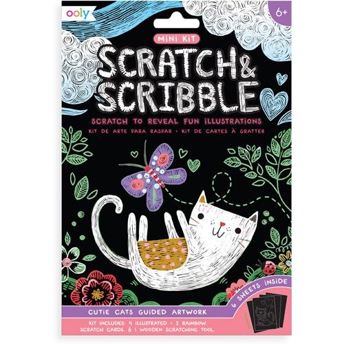 Ooly Scratch & Scribble Mini Kit verpakking met illustraties van kraskaarten met katten en bloemen.