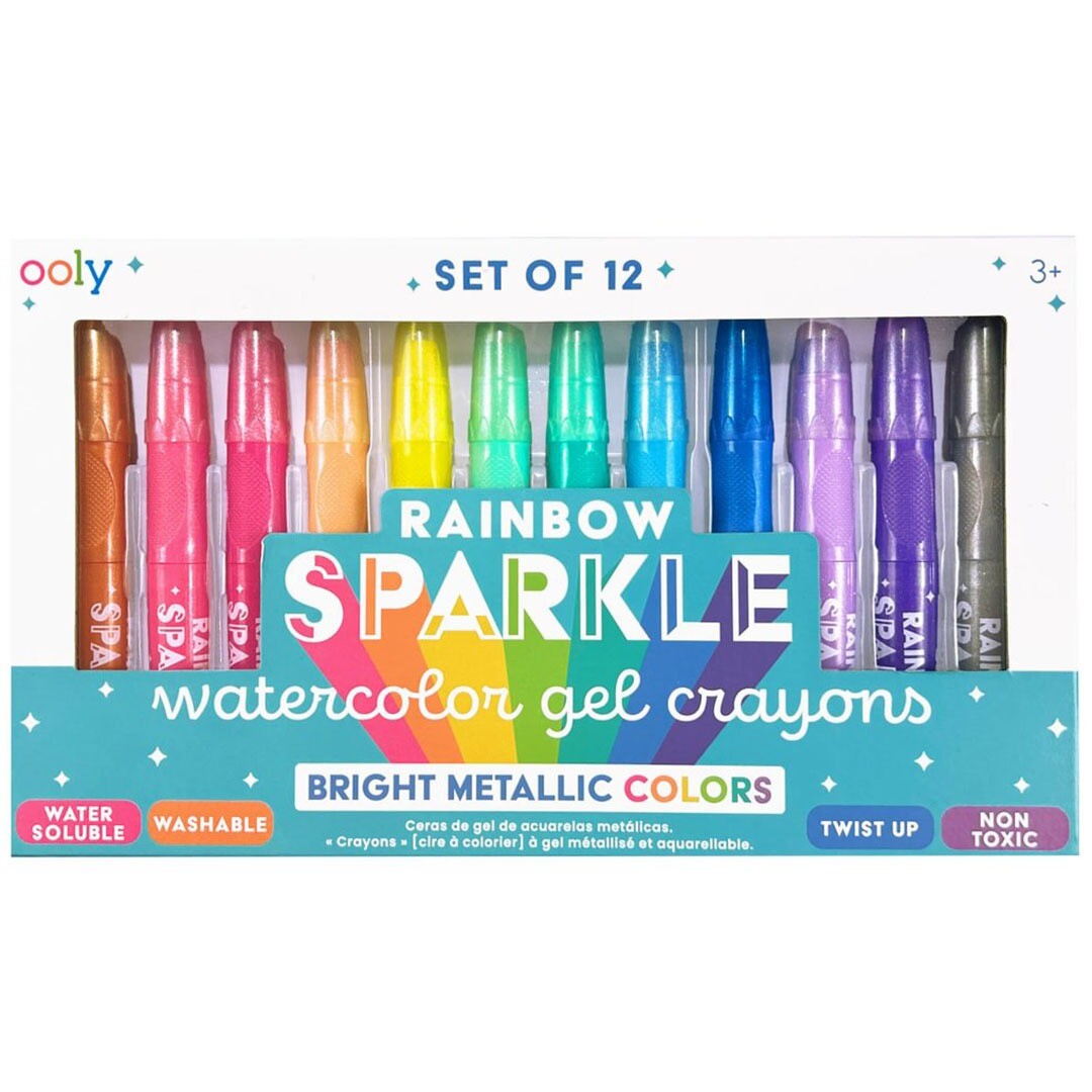 Verpakking van de ooly Rainbow Sparkle metallic gelkrijtjes set van 12.