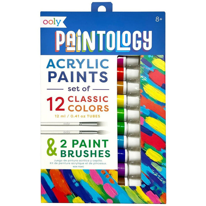 De voorkant van de Ooly Paintology acrylverfset verpakking met 12 tubes klassieke kleuren en 2 kwasten.