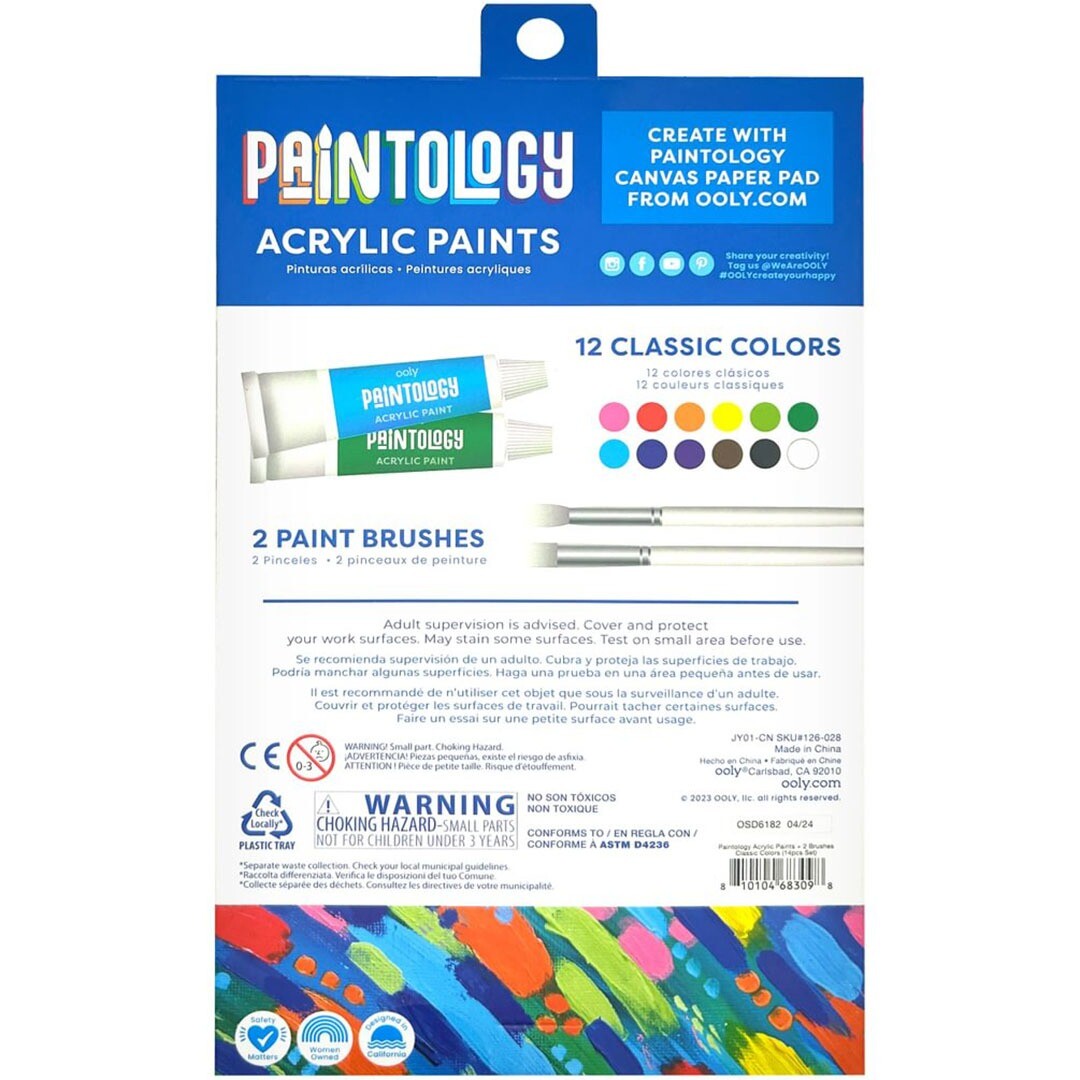 De achterkant van de Ooly Paintology acrylverfset verpakking met productinformatie en waarschuwingen.