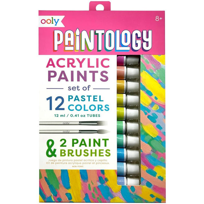 De voorkant van de Ooly Paintology acrylverf set met 12 pastelkleuren en 2 kwasten.