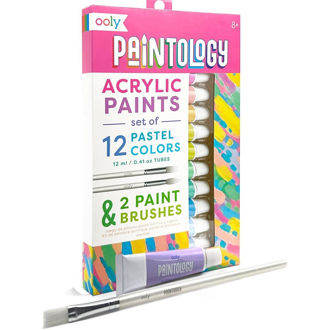 De Ooly Paintology acrylverf set met 12 pastelkleuren en 2 kwasten, met één paarse tube en een kwast ervoor.