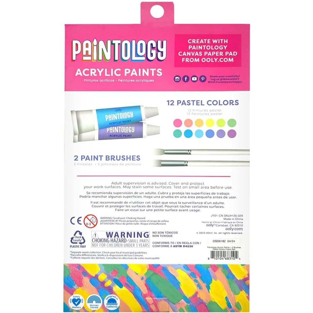 De achterkant van de Ooly Paintology acrylverf set verpakking met productinformatie en waarschuwingen.