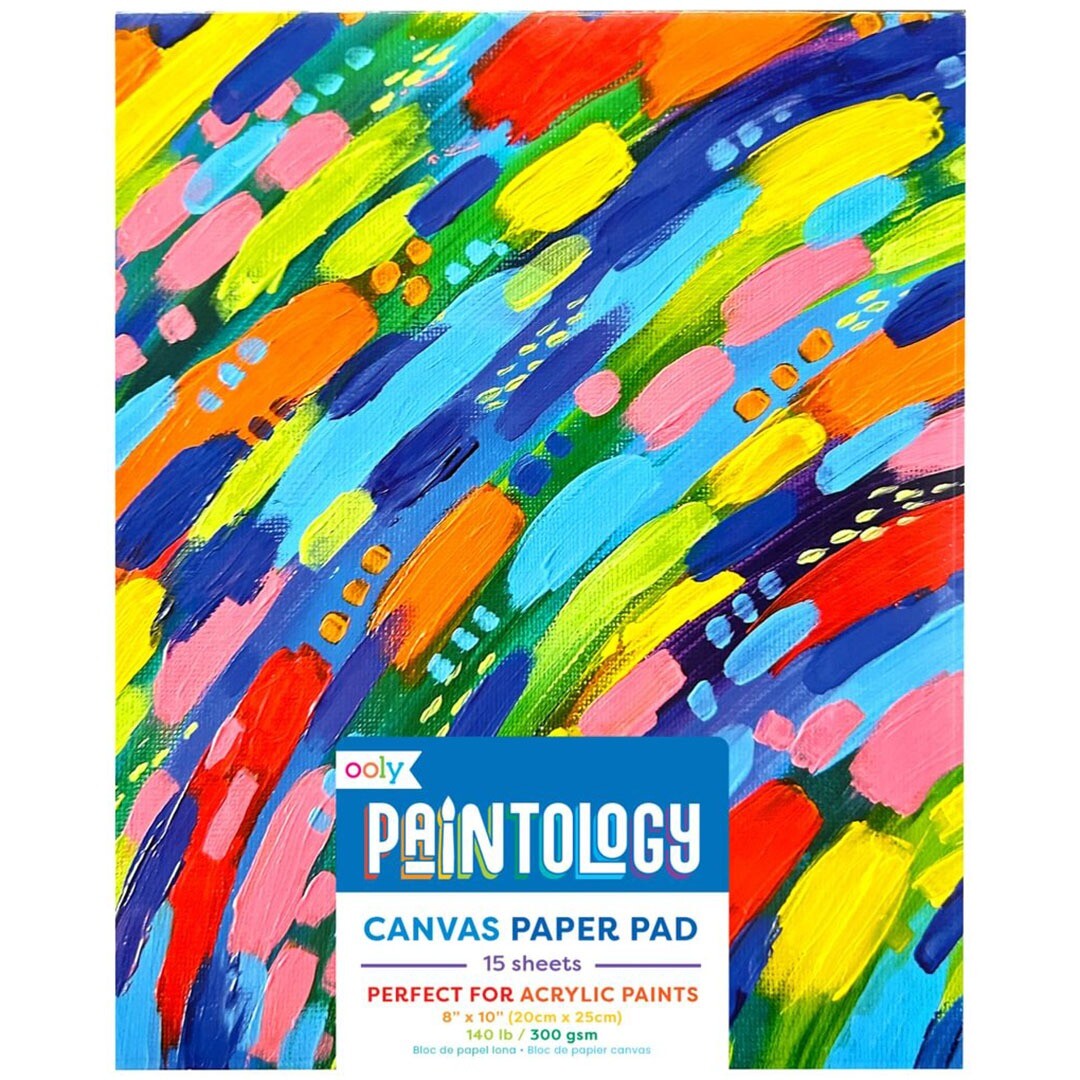 ooly Paintology canvaspapierblok verpakking met kleurrijk abstract schilderij.